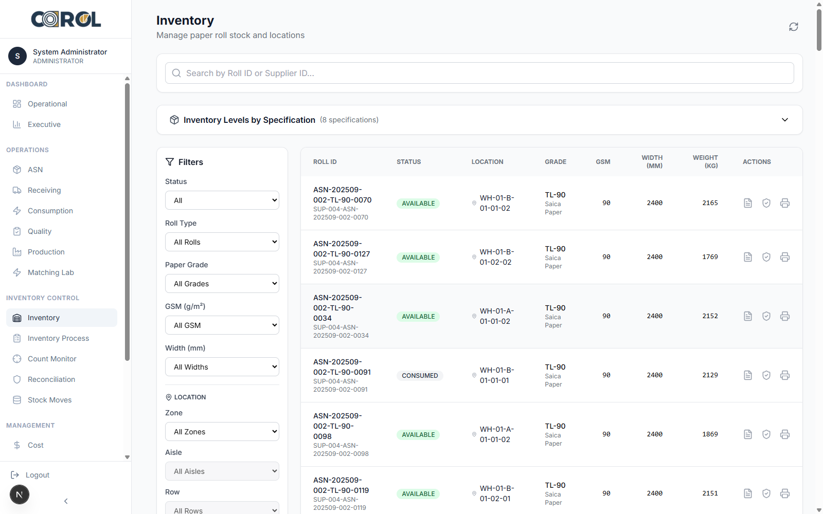COROL real-time inventory module